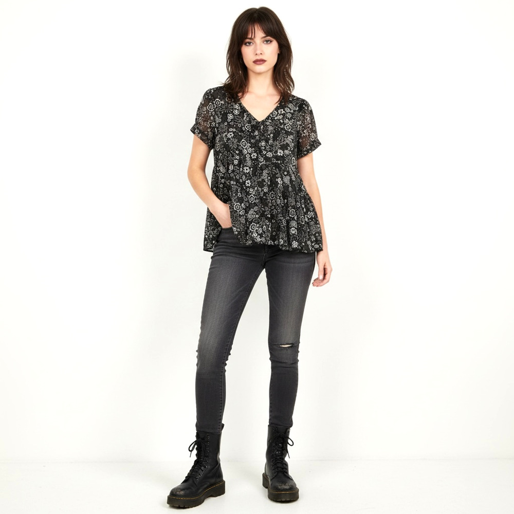 VTG Y2K Apt. 9 Babydoll Sheer Top Large Dark Fairy Whimsical Floral 90s Tiered‎